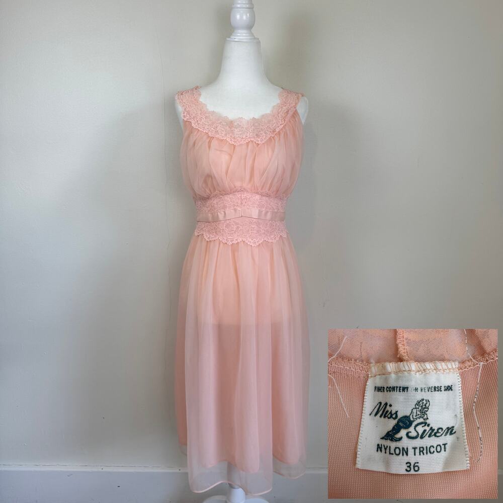 Vtg 60s 36 S Miss Siren Peach Pink Nylon Tricot Nightgown Lace Empire Union USA